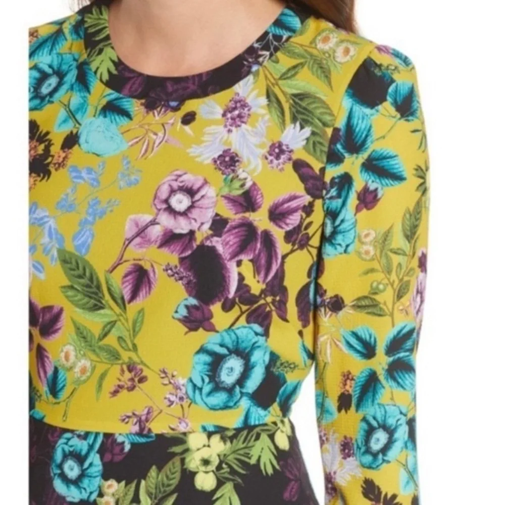 ELIZA J NWOT Floral Color Block MIDI Dress Long Bell Sleeves Sz 4 Dark Romantic - Picture 4 of 16